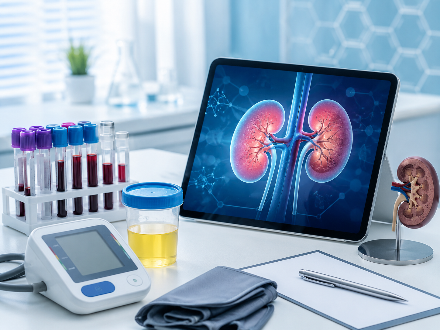 Tubos de laboratorio y modelo de riñones para evaluación de proteinuria